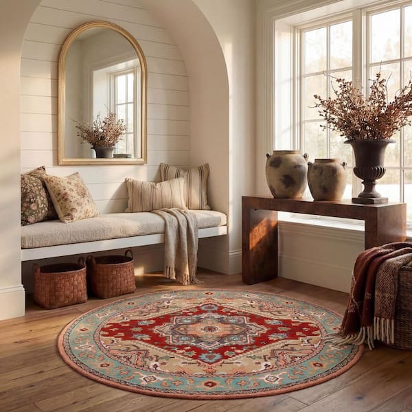 Heritage 6 ft. x 6 ft. Red/Pink Border Floral Medallion Round Area Rug