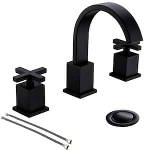 8 in. Widespread Double-Handle Waterfall Bathroom Faucet with Metal Pop Up Drain and Supply Kit in Matte Black