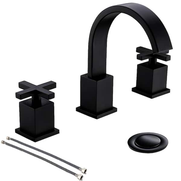 Phiestina 8 in. Widespread Double-Handle Waterfall Bathroom Faucet with Metal Pop Up Drain and Supply Kit in Matte Black