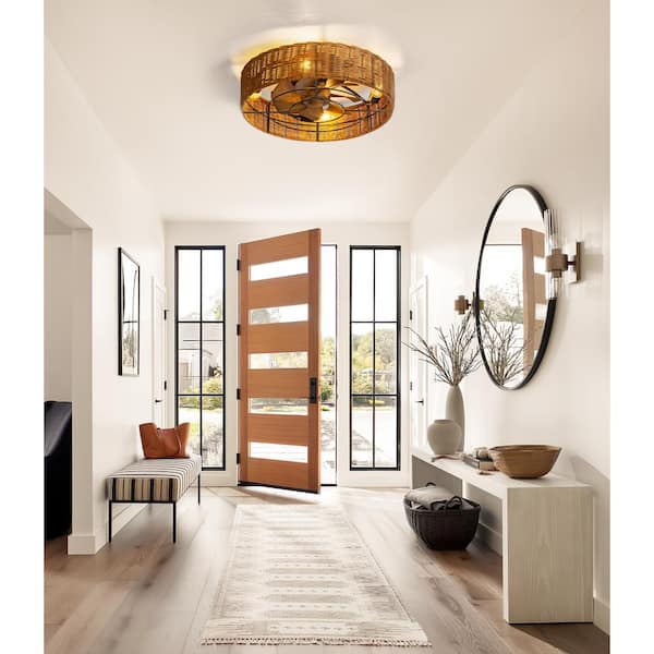 19 in. Indoor Black and Natural Bohemian Rattan Ceiling Fan with Light Kit and Remote Control Included