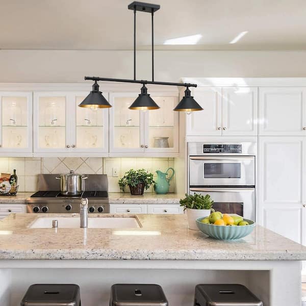 36.25 in. 3-Light Matte Black Island Pendant Chandelier with Gold Painting Inside