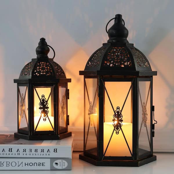 14.9 in. x 7.3 in. Black Metal Vintage Lantern without Candle, Set
