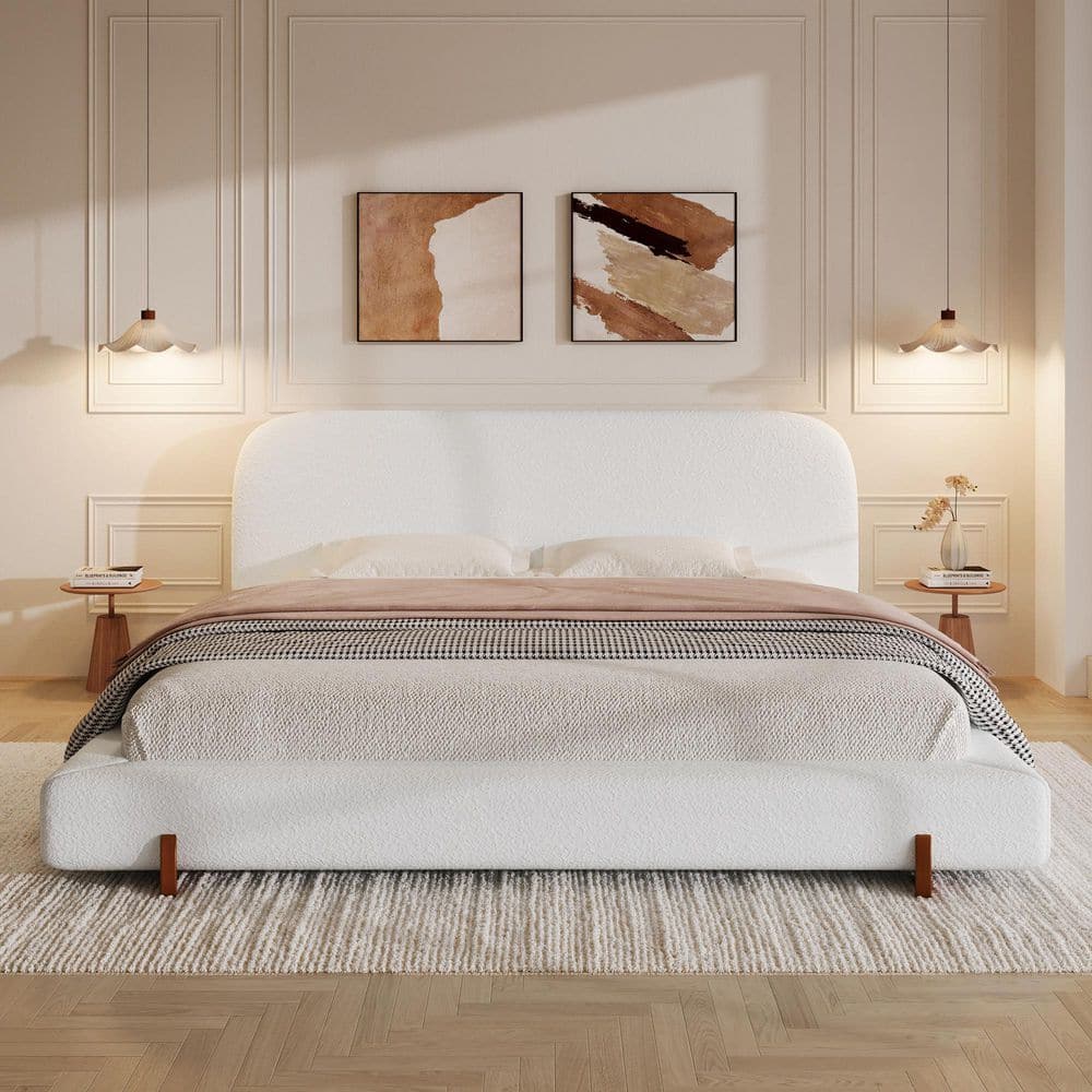 Eldora Modern White Wood Frame California King Platform Bed with Boucle Fabric Upholstered Curved Headboard price history on PriceWatchPro