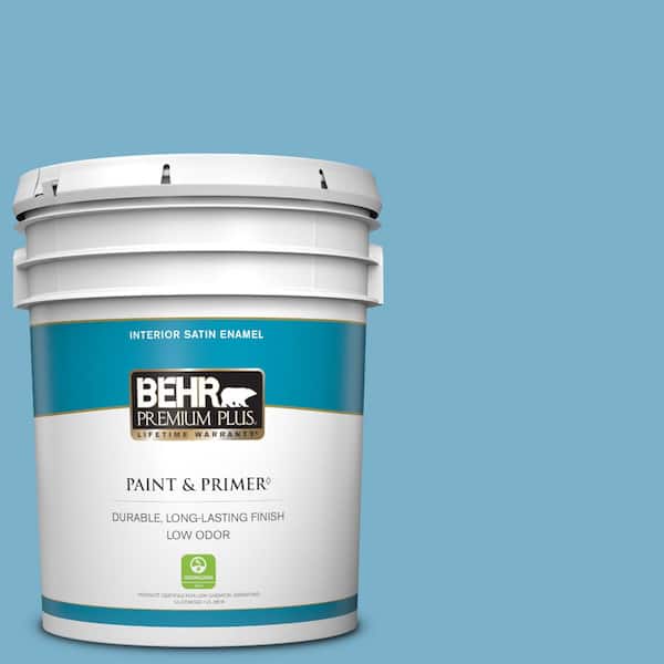 BEHR PREMIUM PLUS 5 gal. #M490-4 Frisky Blue Satin Enamel Low Odor Interior Paint & Primer