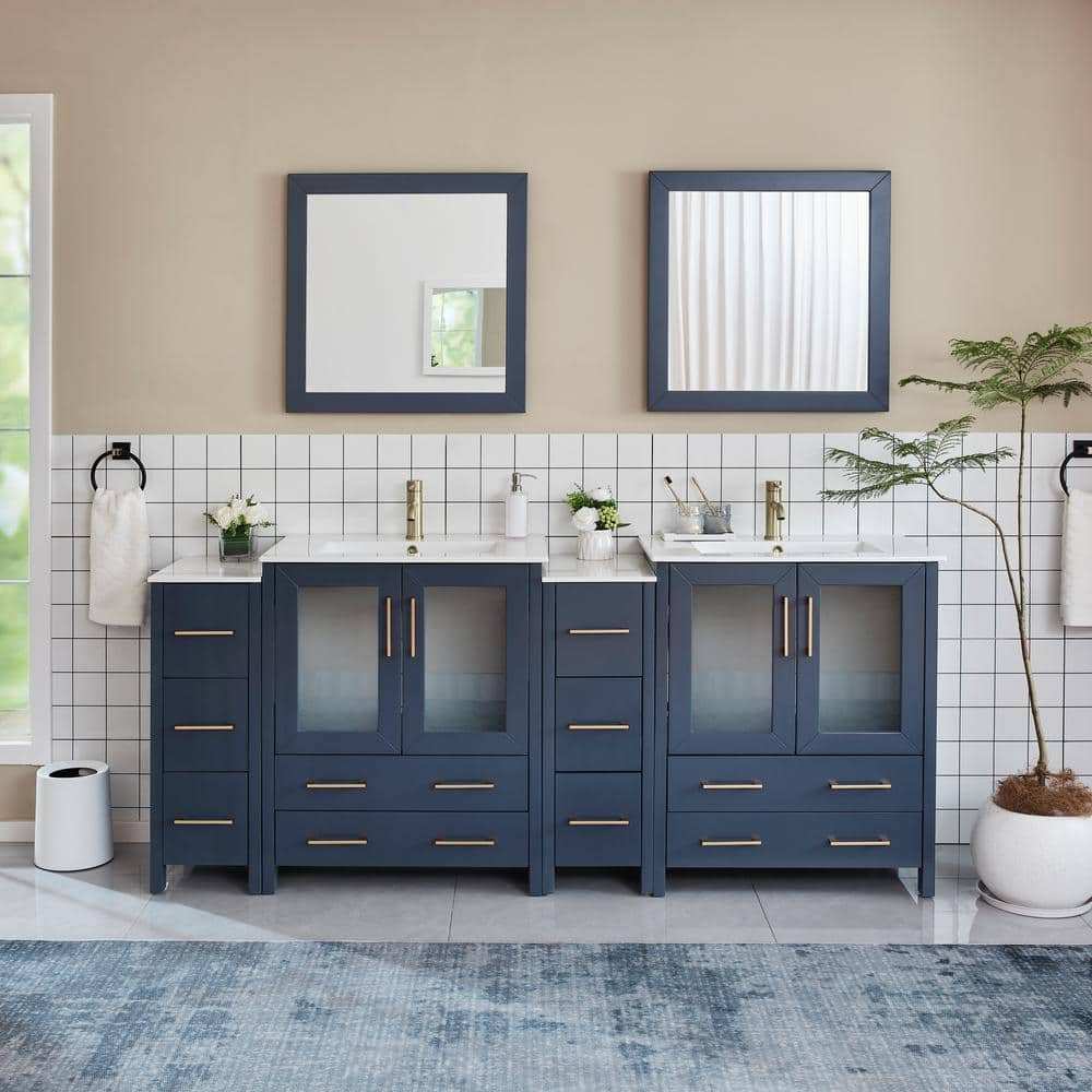 Brescia 84 in. W x 18 in. D x 36 in. H Double Sink Bath Vanity in Blue with White Ceramic Top and Mirror -  Vanity Art, VA3030-84B