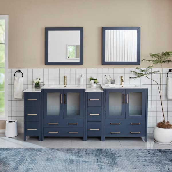 Vanity Art Brescia 84 in. W x 18 in. D x 36 in. H Double Sink Bath Vanity in Blue with White Ceramic Top and Mirror