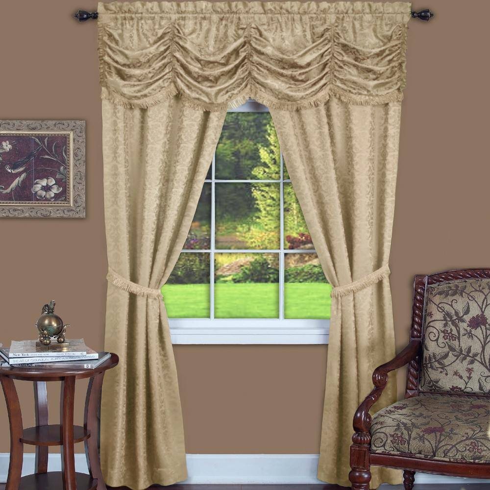 Beige Floral Jacquard Twin Curtains with Fringe Valance