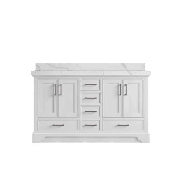 Willow Collections Charlotte 60 in. Double Sink Freestanding White Bath Vanity with Calacatta Laza Qt. Top Unassembled