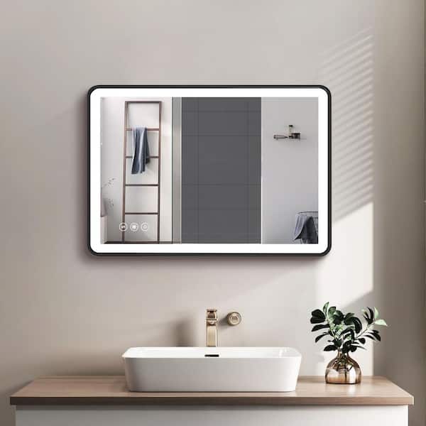 ANGELES HOME 24 in. W x 32 in Rectangular Aluminum Framed Wall Mount LED Light Bathroom Vanity Mirror in Black,Dimmable Front Light