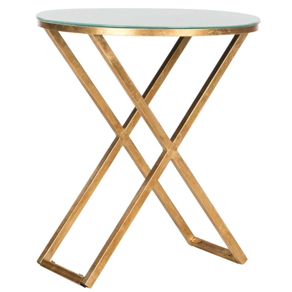 White Glass Top Round Gold Metal Accent Table