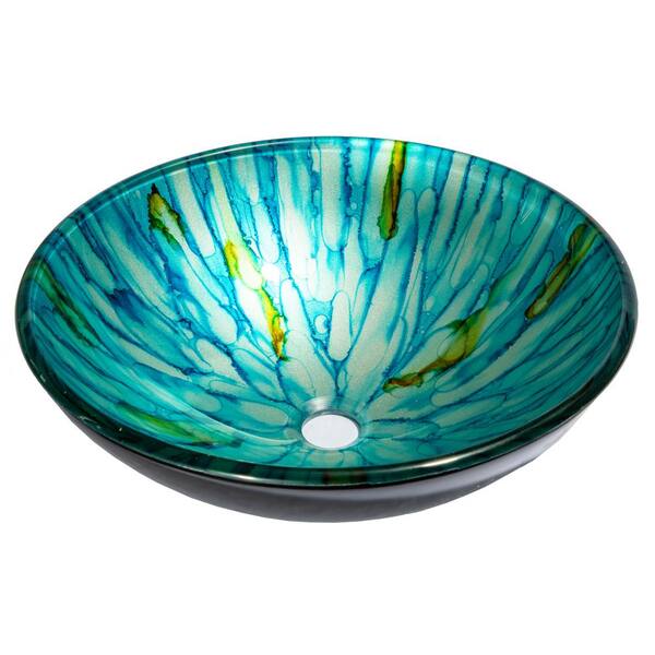 Eden Bath Magnolia Glass Vessel Sink in Blue and Green with Pop-Up Drain and Mounting Ring in Chrome