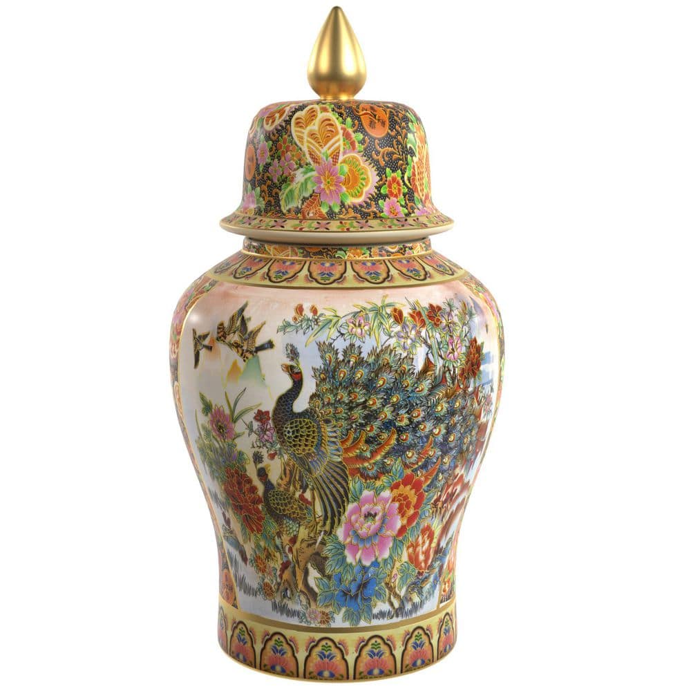 Oriental Furniture 32 in. Rose Medallion Satsuma Peacock Porcelain Temple J