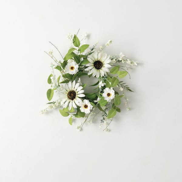 14.5 in. Artificial Sunflower and Wispy Berry Mini Wreath, White