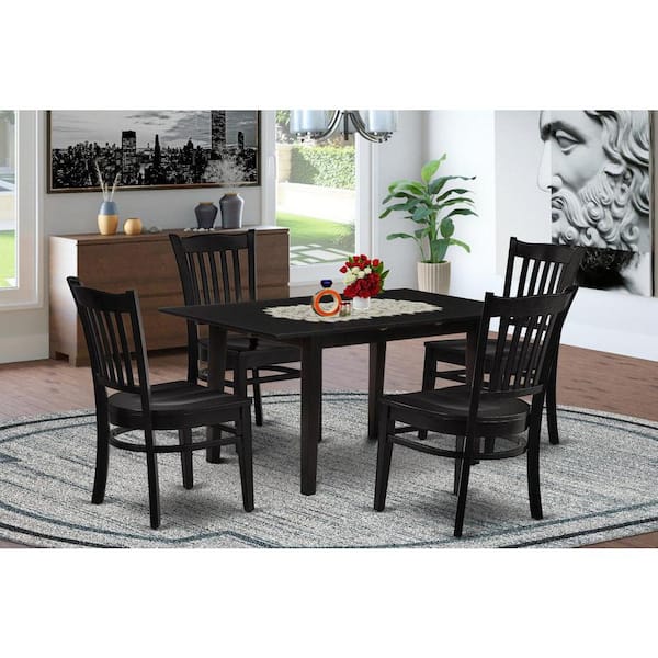 East West Furniture 5-Piece Black Finish Solid Wood Top - Rectangular Dining Room Set with Butterfly Leaf - Seats 4