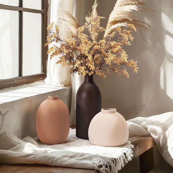 8.4 in. 5-Piece Bottle Matte Earth-Tone Ceramic Vase Set, Neutral Minimalist Vases ENHD30932