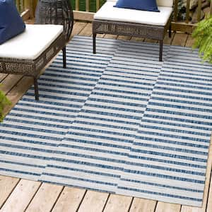 Sukie Ivory/Blue 8 ft. x 10 ft. Modern Offset Stripe Indoor/Outdoor Area Rug