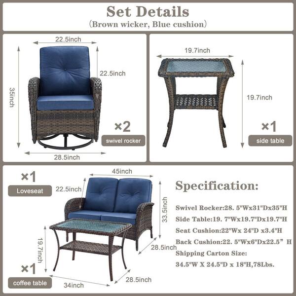 5-Pieces Flat armrest series Wicker Patio Conversation Deep Seating Set with Swivel Rocking Chairs and Cushions