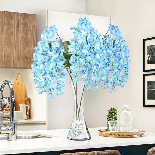 44 in. Blue Artificial Japanese Wisteria Flower Stem Hanging Spray Bush (Set of 3)