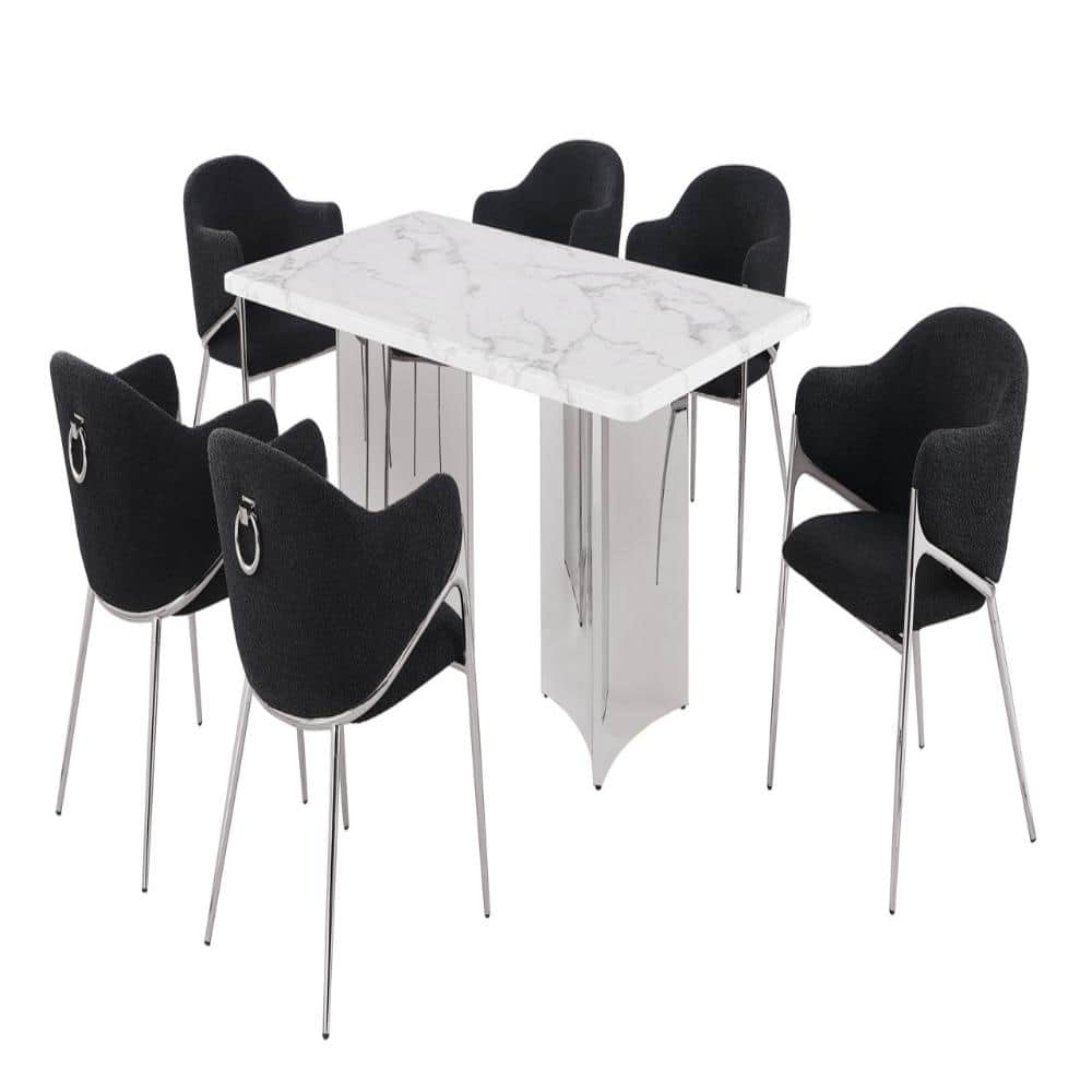 Teresa 7-Piece Rectangle White Marble Top Stainless Steel Base Dining Set With 6 Black Chairs price history on PriceWatchPro