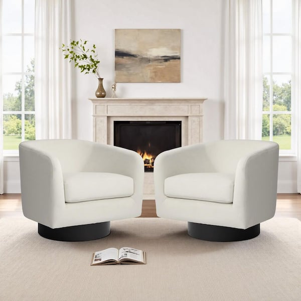 Modern Ivory Velvet Upholstered 360°Swivel Accent Arm Chair with Wood Base(Set of 2)