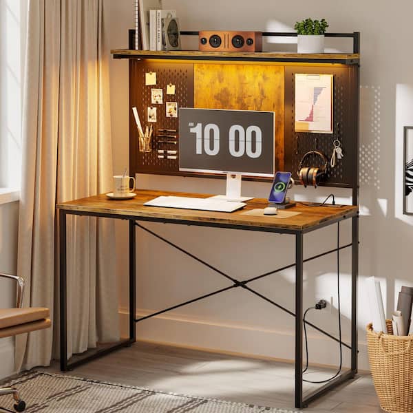 Bestier 40 in. Rustic Brown Computer Desk with Hutch and Power Outlet,Home Office Desk with RGB LED Lights and Pegboard