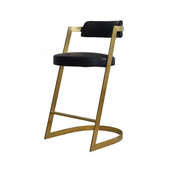 Benjara Cid 36 in. Black and Gold Steel Low Back Metal Frame Modern Stool with Faux Leather Seat and Footrest
