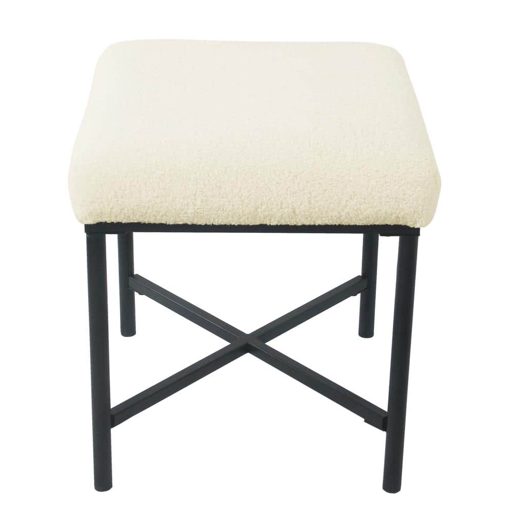 Cream Faux Sheepskin Square Ottoman with Black Metal Base