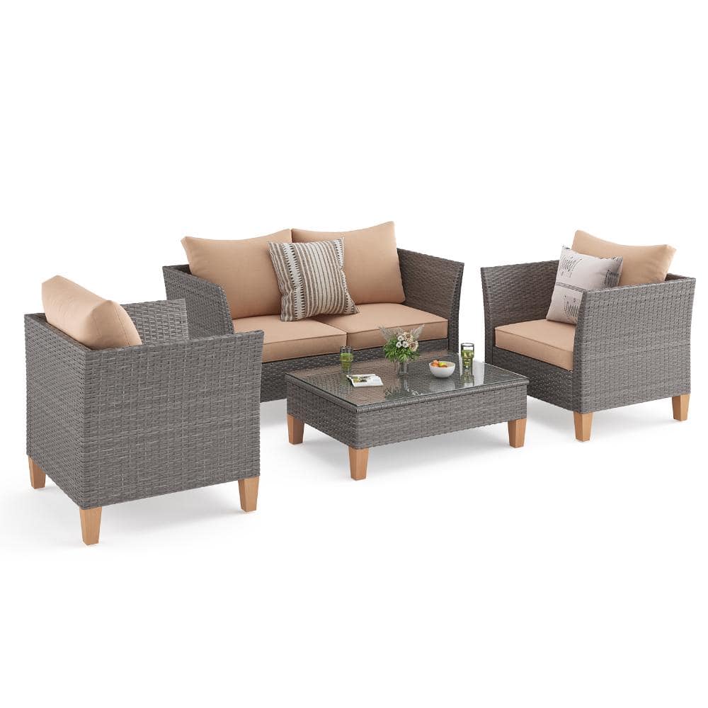 4-Piece Wicker Outdoor Sectional Set with Khaki Cushions,Glass Top Table and Reclined Backrest price history on PriceWatchPro