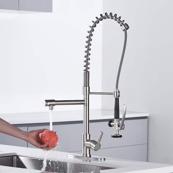 Commercial Deck Mount Double Handle Pull Down Sprayer Kitchen Faucet with Pre-Rinse Sprayer in Brushed Nickel