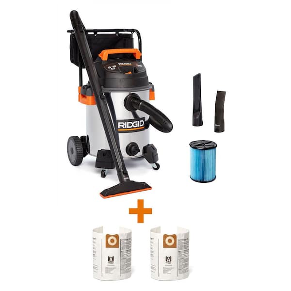 RIDGID 16 Gal. 6.5 Peak HP Stainless Steel Shop Vacuum Wet Dry Vac with Fine Dust Filter, Dust Bags and Accessories WD1956D
