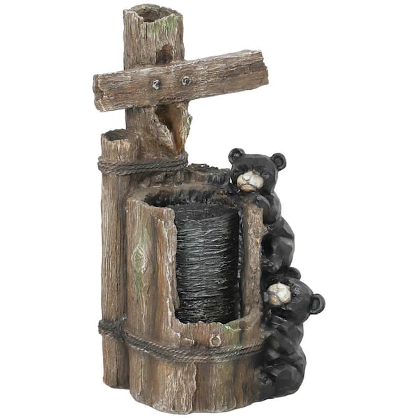 22.8 in. Outdoor Water Fountain, 3-Tiered Fountain, Bears on Log Waterfall Fountain with LED Lights