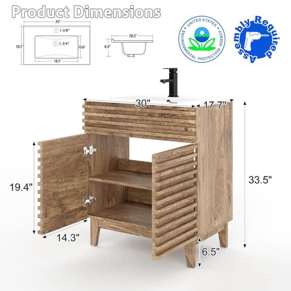 30 in. W x 17.7 in. D x 33.5 in. Single Sink Freestanding Oak Bath Vanity with White Integrated Resin Top