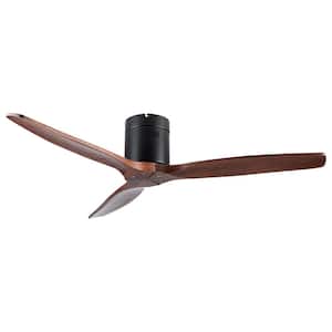 52 in. Indoor Black Remote Flush Low Profile Ceiling Fan in Brown with Solid Wood Blade (without Light)
