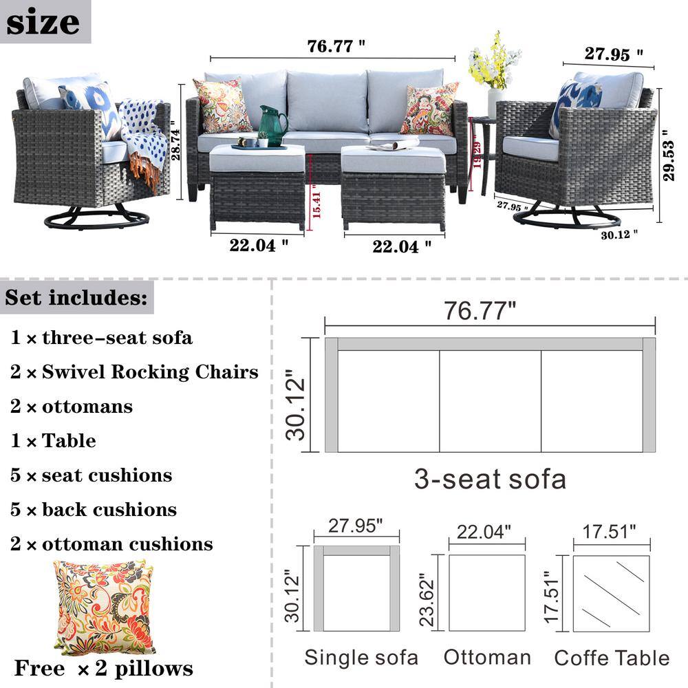 Gray Wicker Sectional Sofa Set with Swivel Rocking Chairs