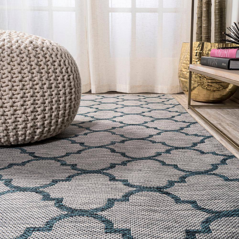 Gray and Teal Trellis Flat Woven Synthetic Rug