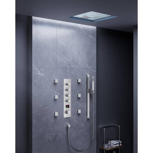 EVERSTEIN 64 LED Smart Light 15-Spray 16 in. Ceiling Mount Dual Shower Head with LCD Temp&Time Display in Brushed Nickel