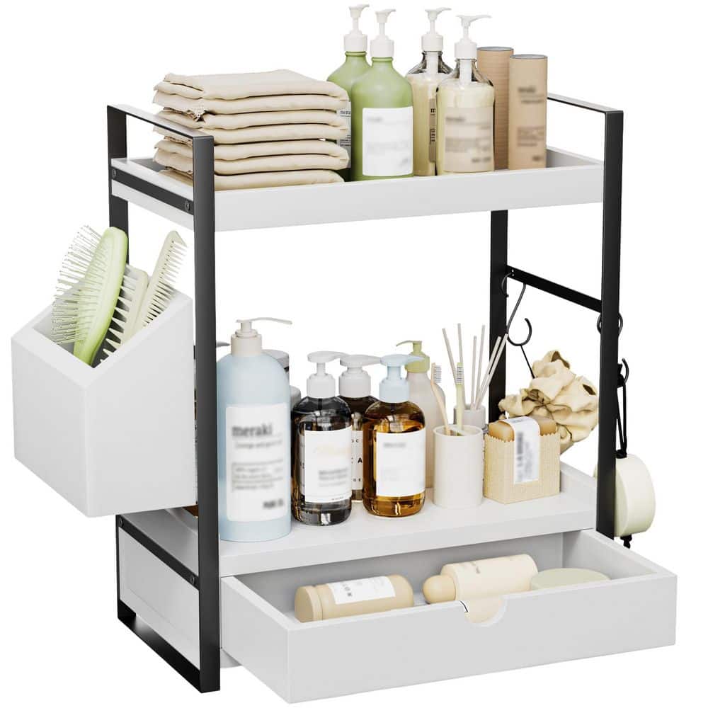 2-Tier Bathroom Counter Organizer with Drawer Basket, Skincare Organizers, Counter Shelf, Bathroom Organization in White price history on PriceWatchPro