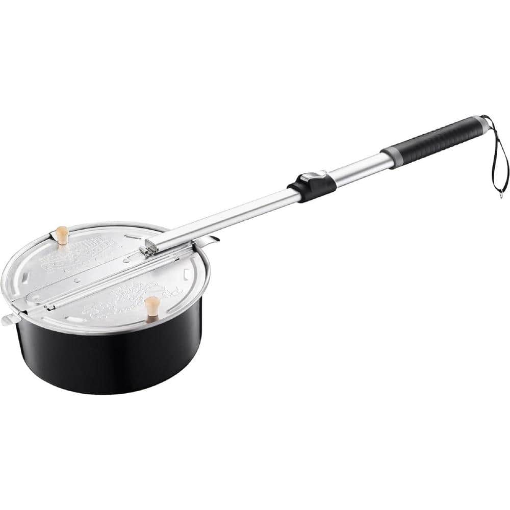 4 qt. Aluminum Campfire Gas Stovetop Popcorn Popper in Black with Telescopi