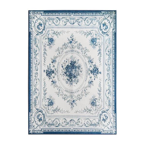 My Magic Carpet Aubusson Blue 5 ft. x 7 ft. Medallion Washable Area Rug