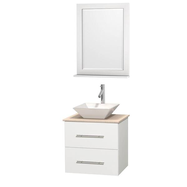 Wyndham Collection Centra 24 in. Vanity in White with Marble Vanity Top in Ivory, Porcelain Sink and 24 in. Mirror