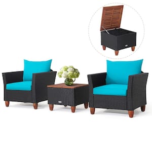 3-Pieces Patio Rattan Furniture Set Cushioned Sofa Storage Table Wood Top Turquoise