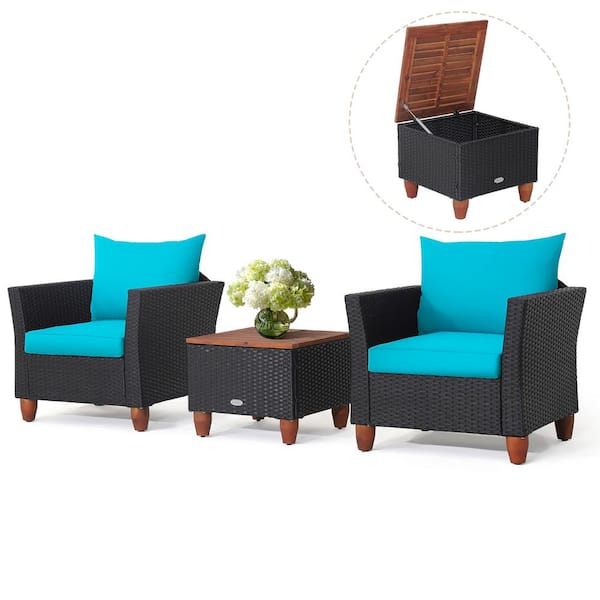 Costway 3-Pieces Patio Rattan Furniture Set Cushioned Sofa Storage Table Wood Top Turquoise