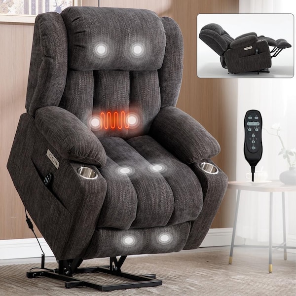 aisword Grey Durable Chenille Power Lift Recliner Chair with Massage and Heating, USB and Type-C Ports