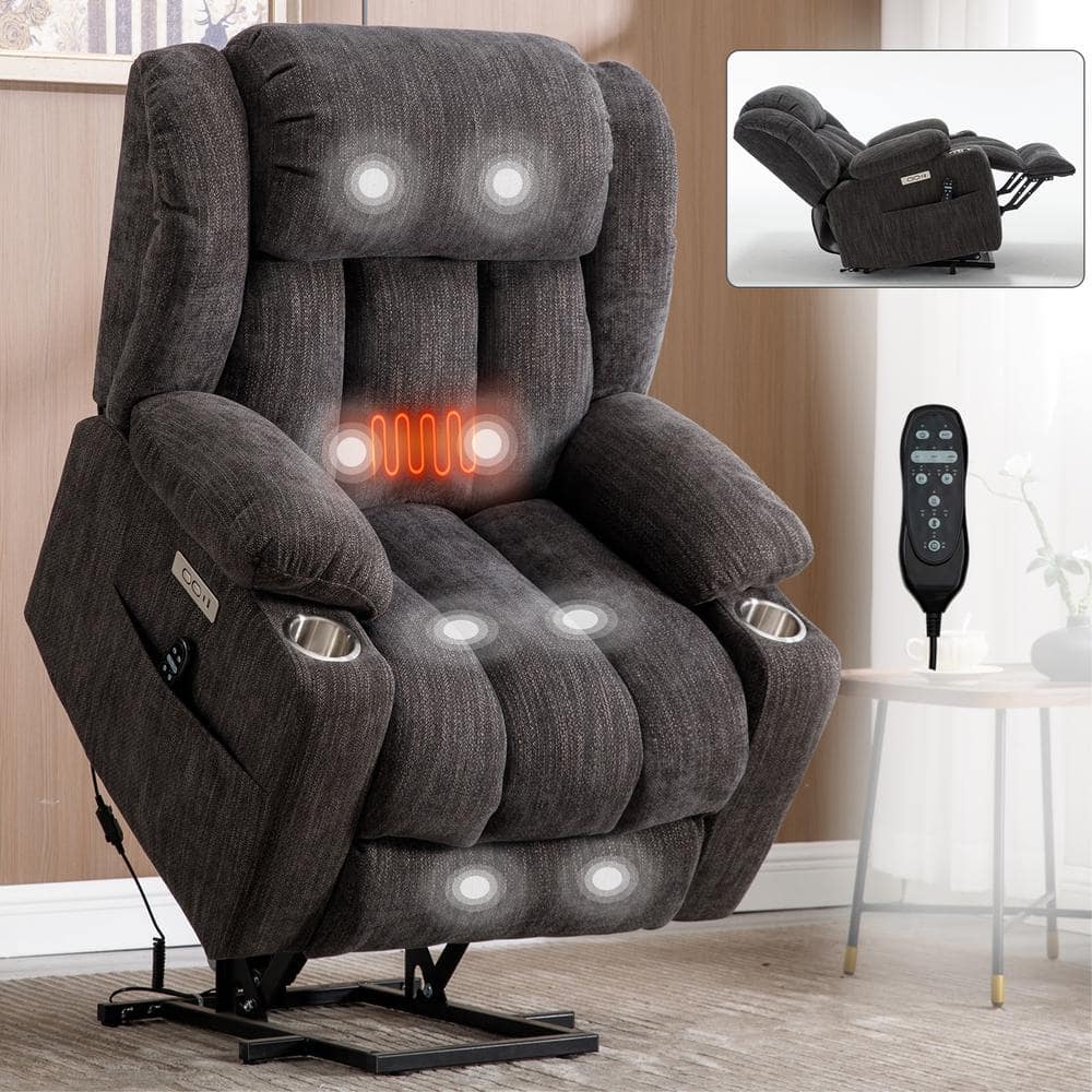 Grey Chenille Power Lift Recliner Chair with 8-Point Vibration Massage and 