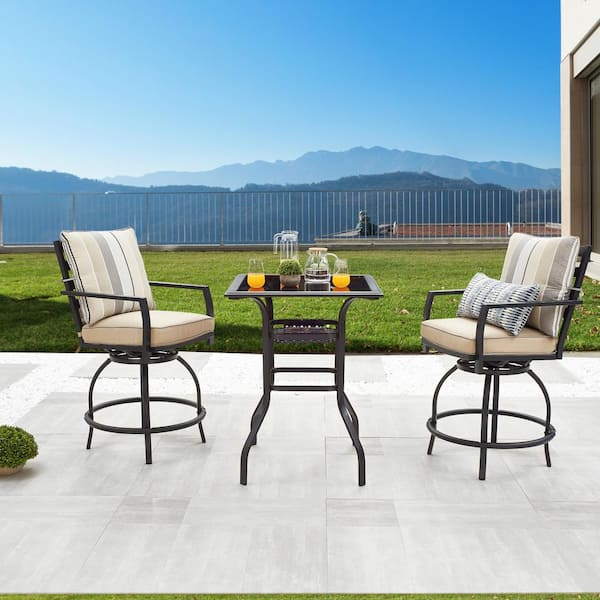 3-Piece Metal Outdoor Bistro Set with Beige Cushions