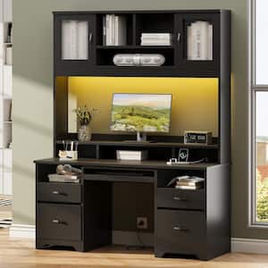 59 in. Rectangular Black Ergonomic Computer Desk with Hutch and Power Hub Home Office Desk with Keyboard Tray, LED Light