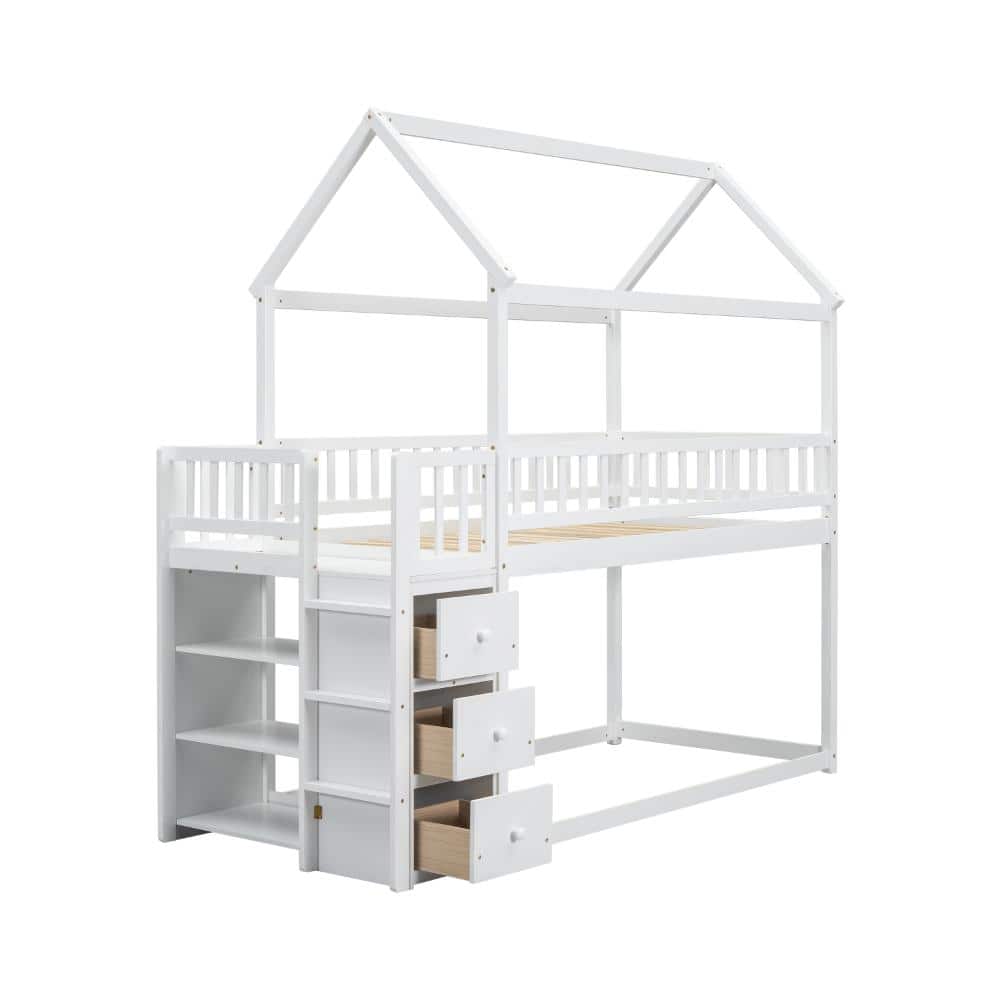 Nestfair White Twin over Twin Wood Bunk Bed with Shelves and Drawers ...