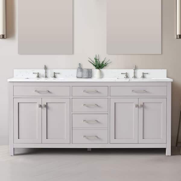 Jasper 72 in. W x 22 in. D Bath Vanity in Taupe with Engineered Stone Vanity Top in Carrara White with White Sinks