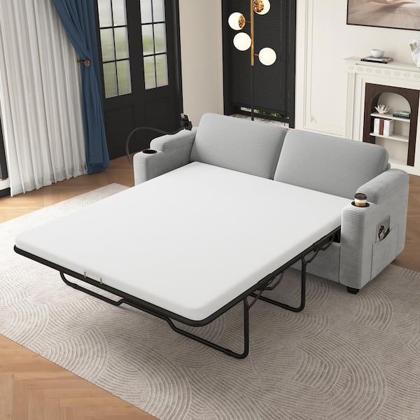 72.8 in. Gray Corduroy Fabric Full Size Mattress Sofa Bed with 2 USB Ports 2 Cup Holders Side Pockets and Phone Holder