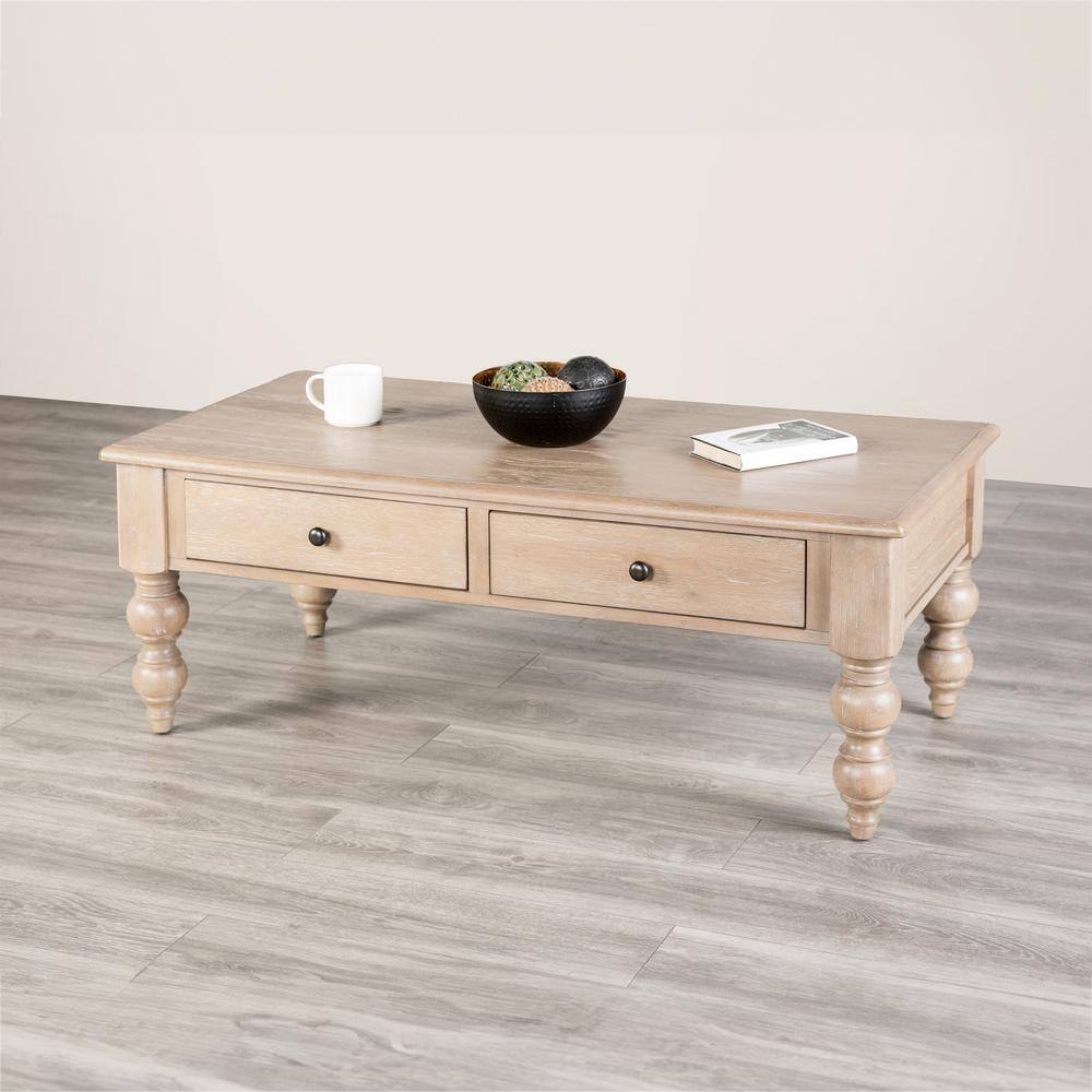 Carrin 52 in. Light Washed White Rectangle Wood Coffee Table with Turned Legs